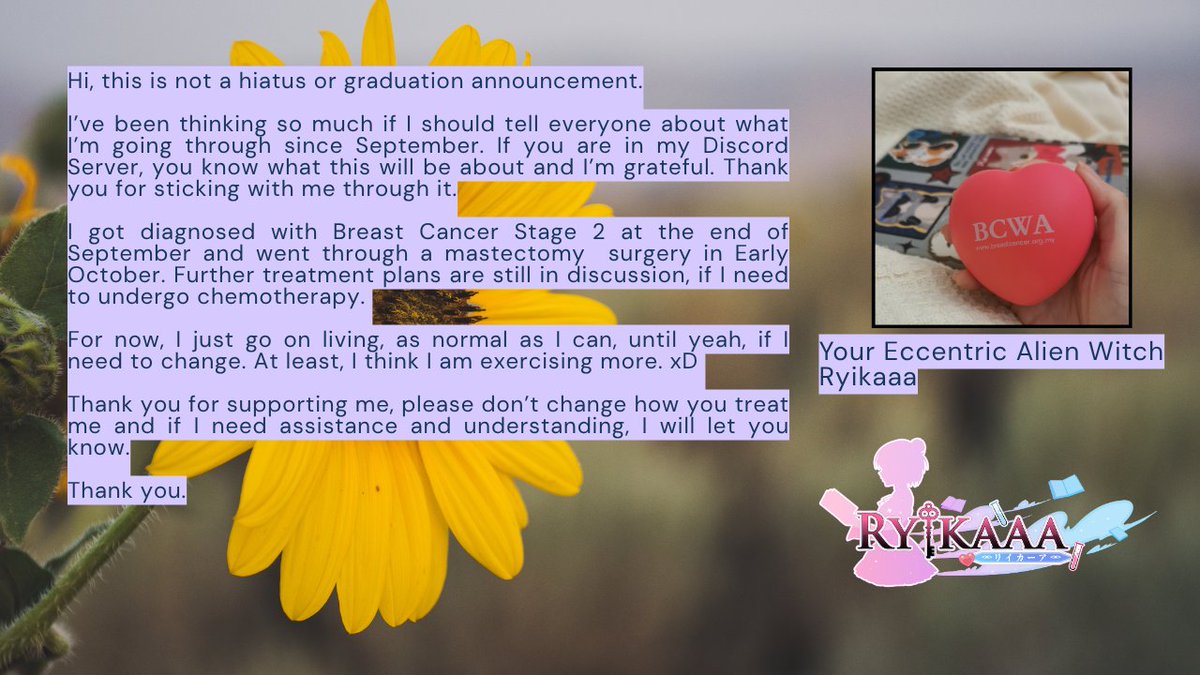 🩷🎀 I am still Ryikaaa. F*ck Cancer.

This announcement is to express myself and avoid any misinformation. In future, it is a reference to my condition. Thank you.