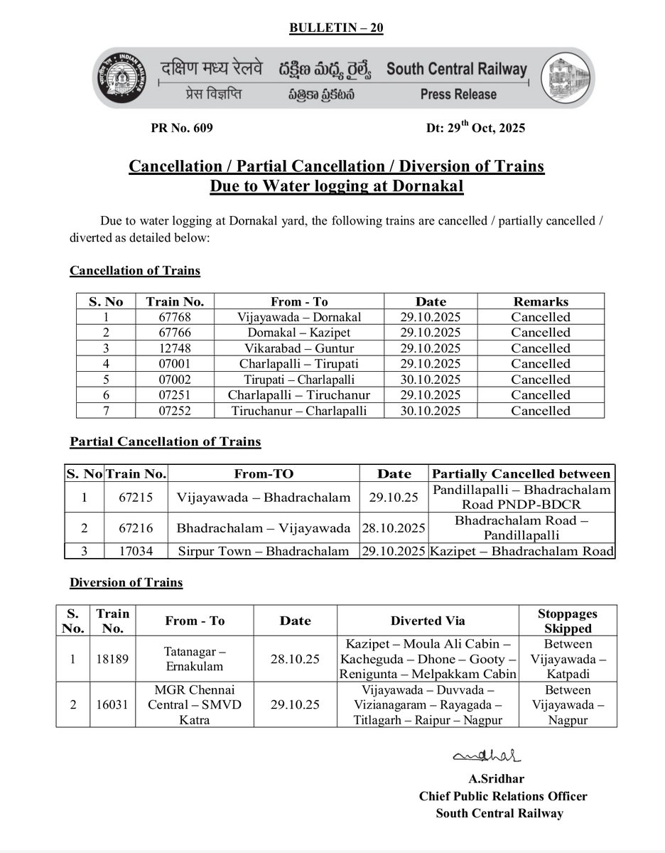 SCR PR No. 609 - Bulletin 20 - Dt. 29.10.2025 on "Cancellation / Partial Cancellation / Diversion of Trains  Due to Water logging at Dornakal"