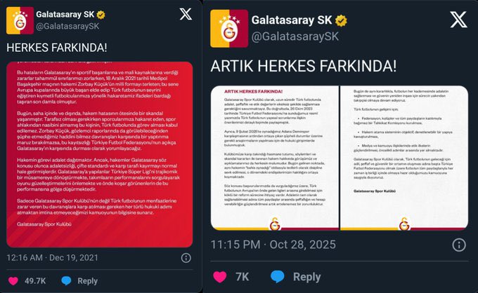 Galatasaray 2021: "herkes farkında"
Galatasaray 2025: "artık herkes farkında"

az büyük sözü dinleyin!