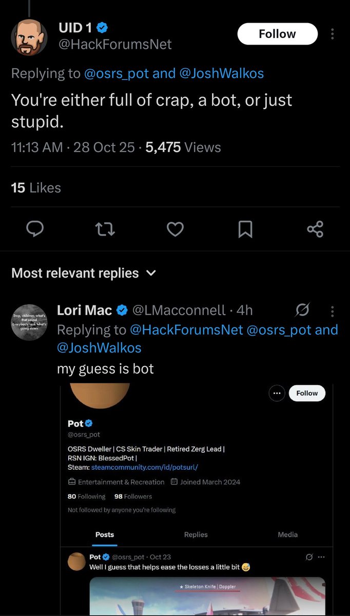 osrs_pot's tweet image. &amp;gt;1st person has 11k bought followers with 0 engagement 
&amp;gt;2nd person used Grok, got a wrong answer, and then blocked me

These are the actual definitions of bots.