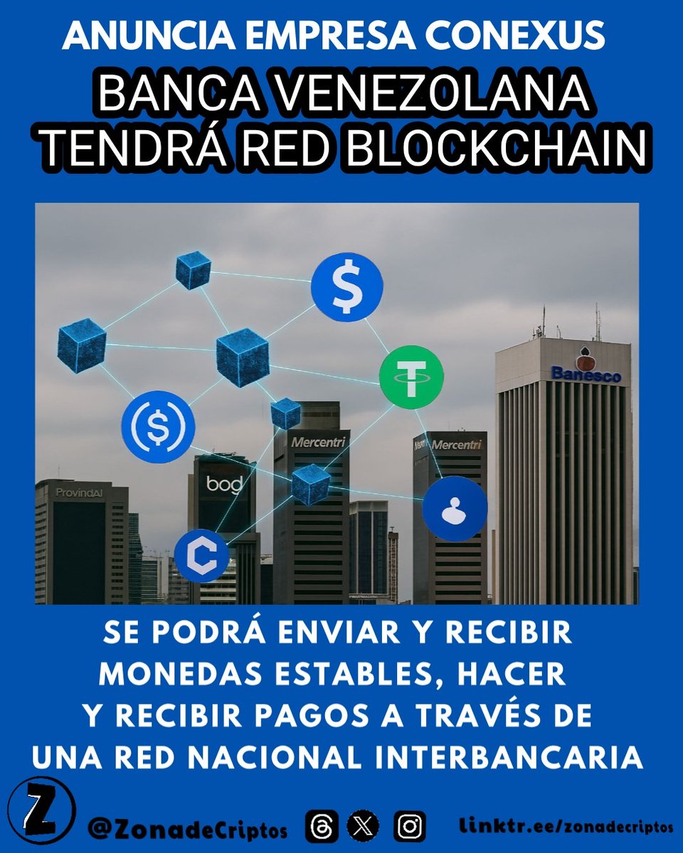 zonadecriptos's tweet image. VENEZUELA TENDRÁ RED BLOCKCHAIN BANCARIA PROPIA 
Conexus y la banca nacional impulsan una red interbancaria para pagos con stablecoins
🔗Conexus, la empresa pionera en interconexión bancaria en Venezuela, está desarrollando una red interbancaria basada en tecnología blockchain…