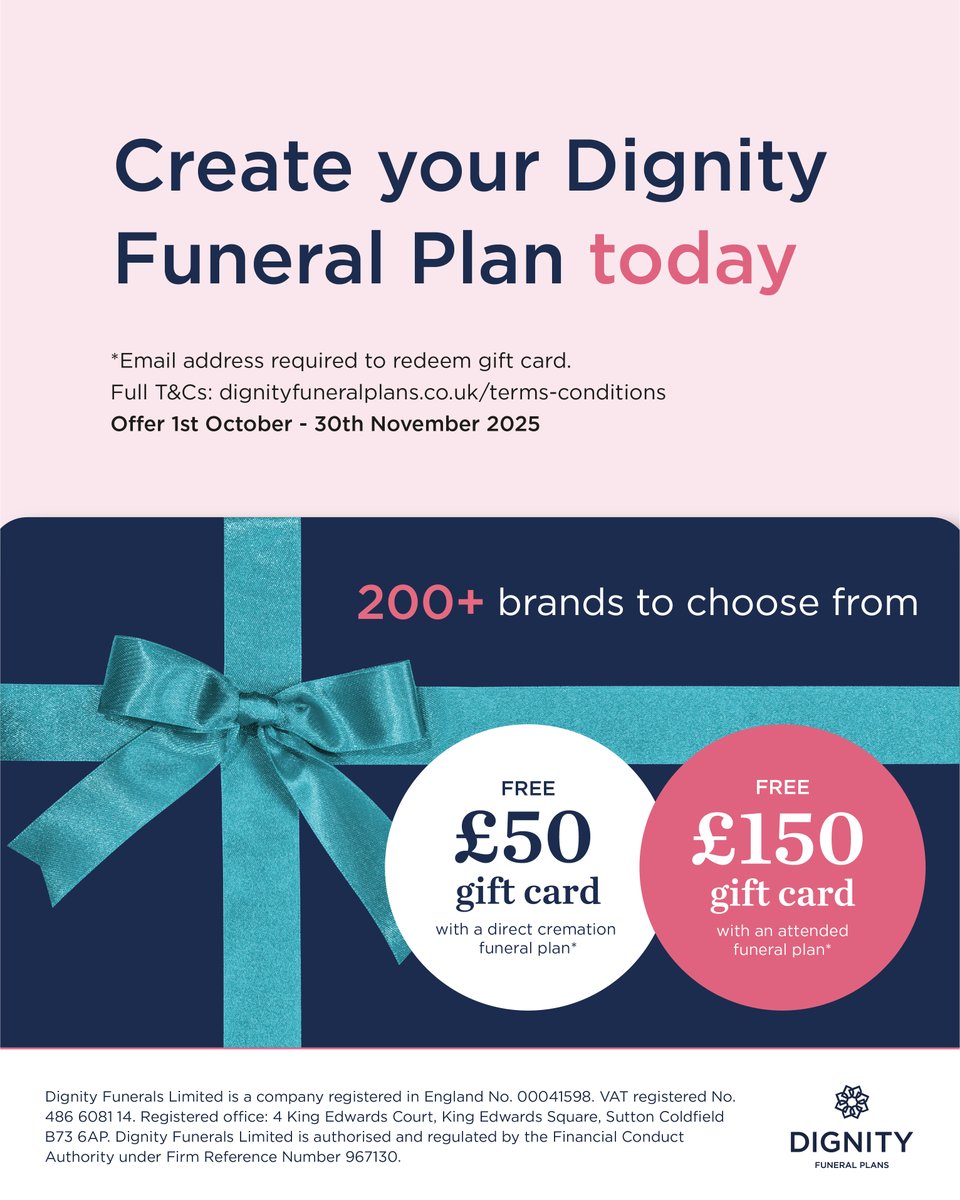 Dignity_UK's tweet image. Thinking ahead brings peace of mind.

Take out a funeral plan with us before 30th November and we’ll give you a thank you…

🎁 £50 gift card with direct cremation

🎁 £150 gift card with an attended plan

Call 08082 586 880 or visit dignityfuneralplans.co.uk

#FuneralPlanning…