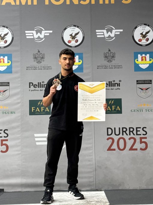 Group of eight people including young male athletes in athletic wear holding gold, silver, and bronze medals on a podium with Turkish and Albanian flags, event banners reading PELLINI and DURRES 2025 in background. Single young male athlete with curly hair wearing black tracksuit and medal holding certificate and gold medal on platform with EWF and Turkish Weightlifting Federation logos, Durrës 2025 banner behind.