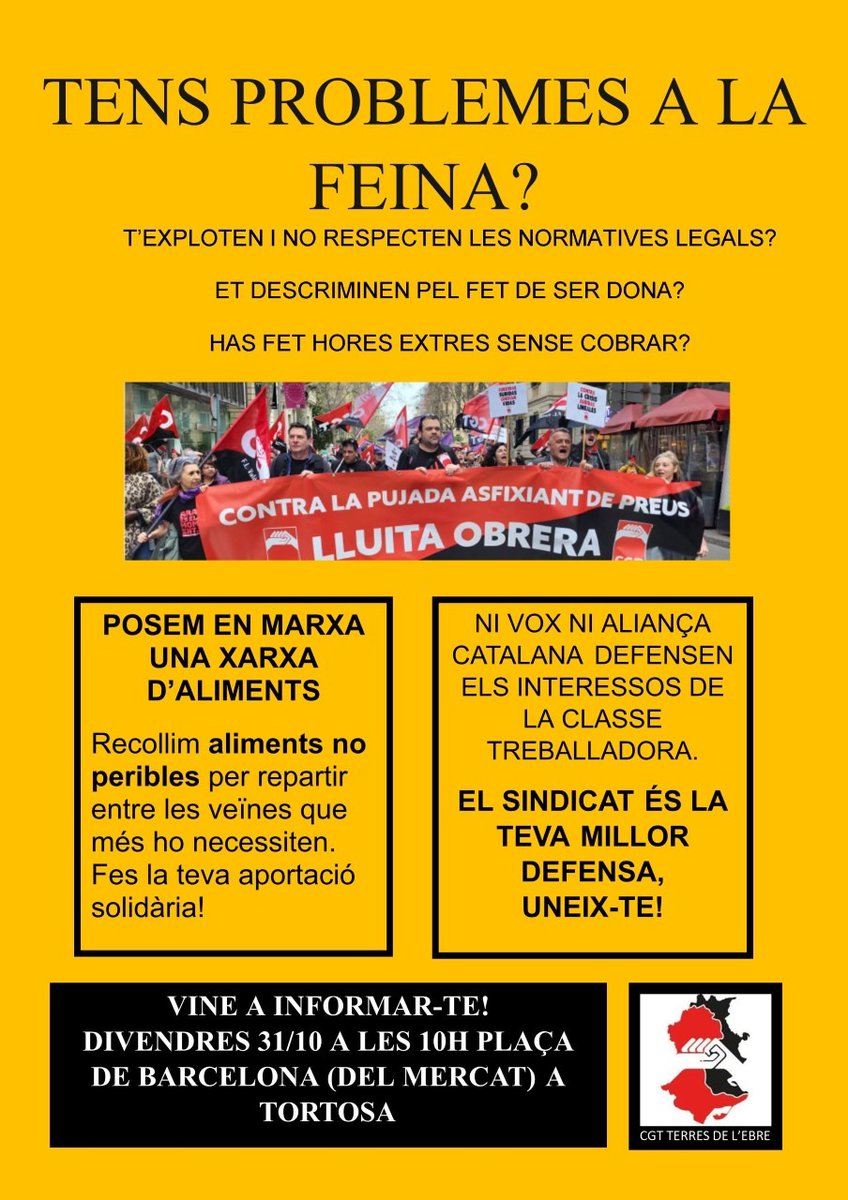 📢 Posem en marxa la Xarxa d'aliments!!!
🗓 Divendres 31 d’octubre
🕤 10 h
📌 Pl. Barcelona (Pl. del Mercat) #Tortosa.
Recollirem aliments no peribles, que seran distribuïts per la Xarxa d’Aliments que hem posat en marxa entre veïnes que es troben en situació d’extrema pobresa👇