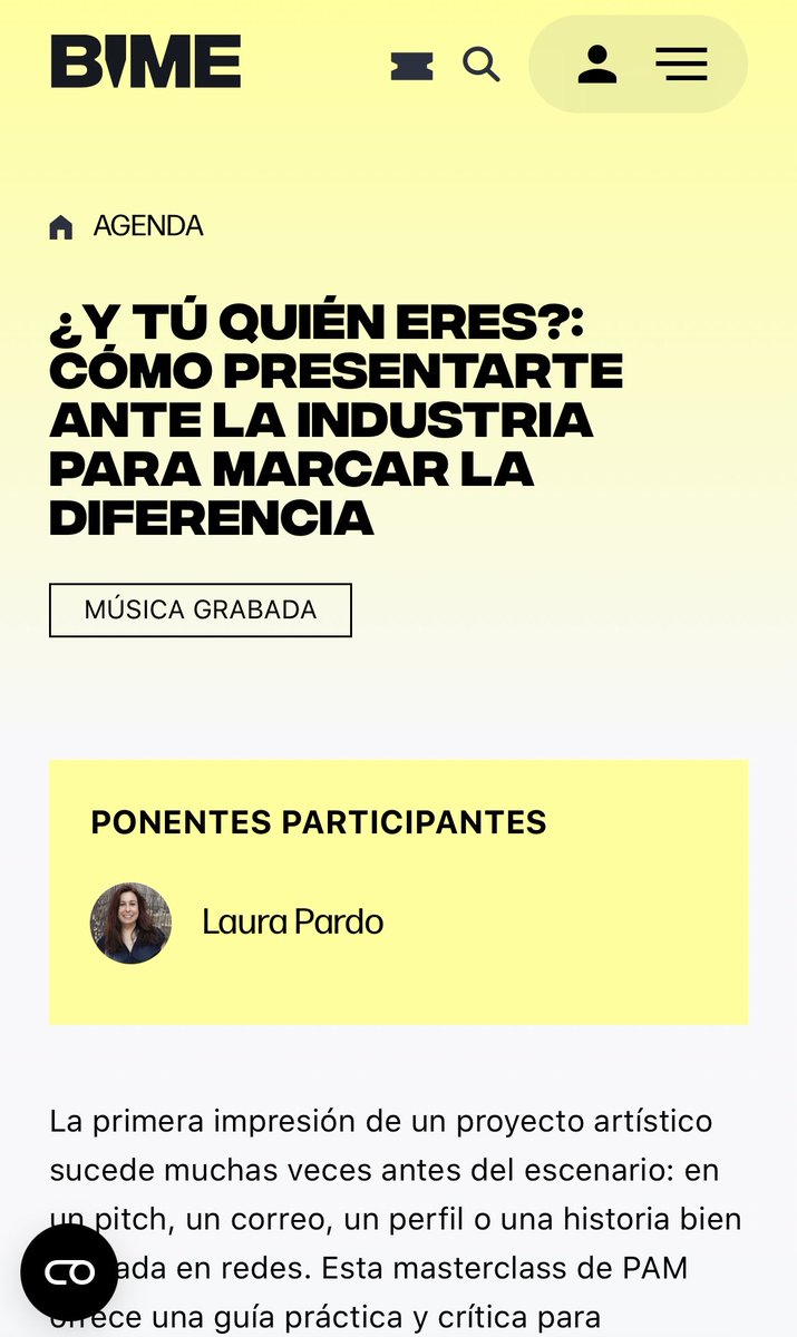 Continuamos en <a href="/BIMEnet_/">BIME</a> donde hoy a las 10.00h. <a href="/laurapardo_y/">Laura Pardo</a> impartirá la masterclass: '¿Y tú quién eres?: Cómo presentarte ante la industria para marcar la diferencia'