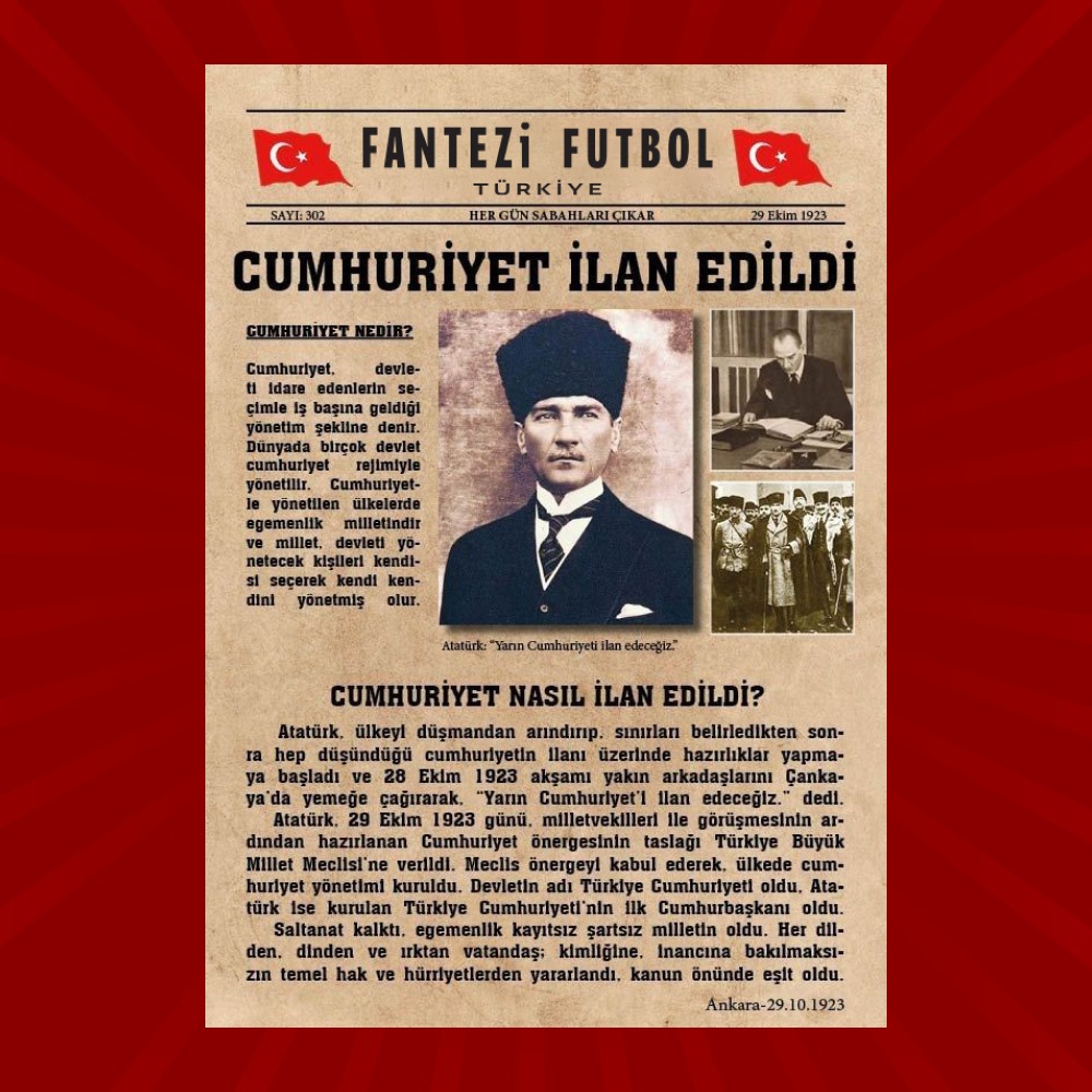 FFTurkiye's tweet photo. İsmet İnönü:
 “O gece Mustafa Kemal Paşa’nın yüzünde büyük bir sevinç vardı. Kararını vermişti. Artık geri dönüş yoktu.”

Kazım Karabekir Paşa:
“Milletin iradesi artık kendi elindeydi. O gün mecliste alkış tufanı koptu, herkes ayaktaydı.”

Falih Rıfkı Atay:
 “O gün Ankara sokaklarında halk ne olduğunu tam bilmese de sevinç içindeydi. ‘Paşa ne derse o olur’ diyorlardı. O, millete en güzel armağanını veriyordu.”

Halide Edip Adıvar:
 “Bir millet, kendi kaderini kendi eline alıyordu. Kadın, erkek, genç, yaşlı herkes için yeni bir hayat başlıyordu.”

Cumhuriyetimizin kuruluşunda emeği geçen tüm vatan kahramanlarını saygıyla anıyoruz.

Cumhuriyet Bayramımız kutlu olsun🇹🇷