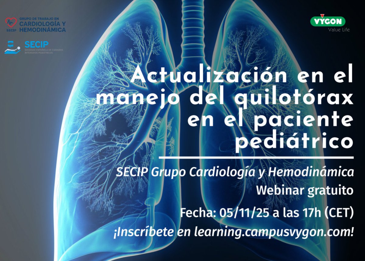 Webinar 💻 gratuito sobre 'Actualización en el manejo del quilotorax en el paciente pediátrico', organizado por el Grupo de Cardiología y Hemodinámico ❤️🩸 de <a href="/lasecip/">SECIP</a> a través de la plataforma de @campusvygon_es 👩🏼‍💻

Inscríbete 👇🏽👇🏽

learning.campusvygon.com/cursos/webinar…

#formacion #picu
