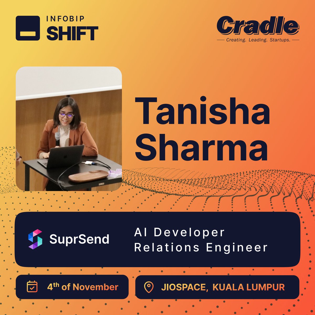 InfobipShift's tweet photo. 🚀 The last batch of speakers joining #ShiftKL 2025!

This amazing tech trio from India will be joining us next week to share their journeys at the intersection of AI, developer advocacy and fintech innovation!

🧡 Anuj Srivastava – Co-Founder & CEO at OnFinance AI
🧡 Sohail Pathan – Senior Developer Advocate at Okta
🧡 Tanisha Sharma – AI Developer Relations Engineer at Suprsend

📅 Tickets & info: https://t.co/v0ZDjet10K

In collaboration with @cradlefund