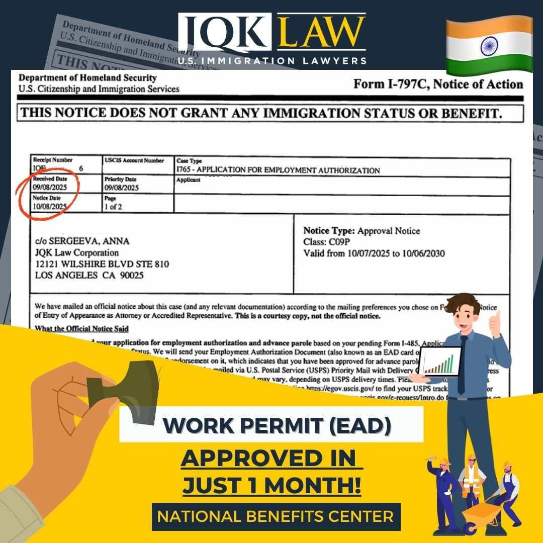 JQKLawFirm's tweet image. Fast Approval – Work Permit (EAD)
Our client from India received approval for their Work Permit (EAD) in just 1 month.
📅 Schedule a consultation today at JQKLaw.com/contact to begin your path toward a successful immigration outcome.

#jqklaw #uscis #workpermit #ead
