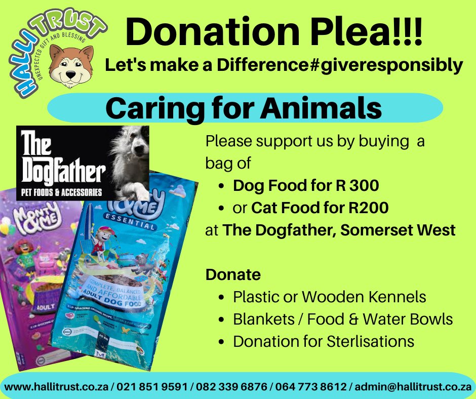 We need to look out for our animals just as much as we do ourselves, and we need your help! Please donate dog food, Cat food, kennels, blankets, etc.Visit our website - hallitrust.co.za for more information

#hallitrust #helderberg #animals #bestfriends #community #donate