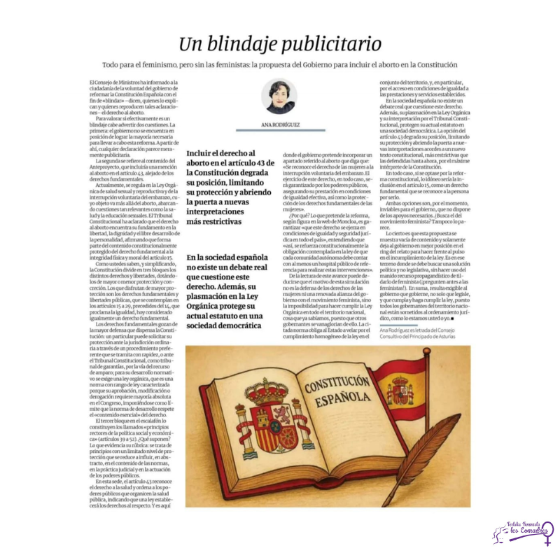 Compartimos enlace al artículo en LNE de nuestra comadre y letrada del Consejo Consultivo del Principado de Asturias, Ana Rodríguez "Un blindaje publicitario. Todo para el feminismo, pero sin las feministas:  la propuesta del Gobierno para incluir el aborto en la Constitución".