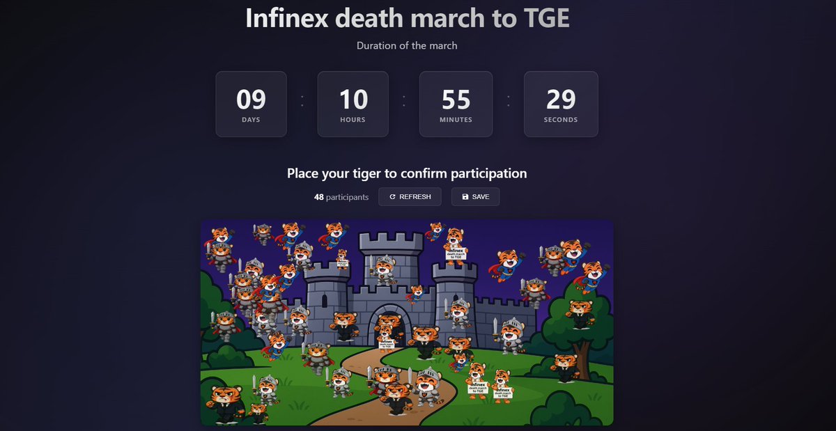 Infinex yappers and those who just use <a href="/infinex/">Infinex</a> 

Need your help in the Infinex death march to TGE

It’s day 10 of the march

Join the march by simply posting your tiger on the site

All of this will stay in the record, and later a timelapse video will be made

infinexmarch [dot]