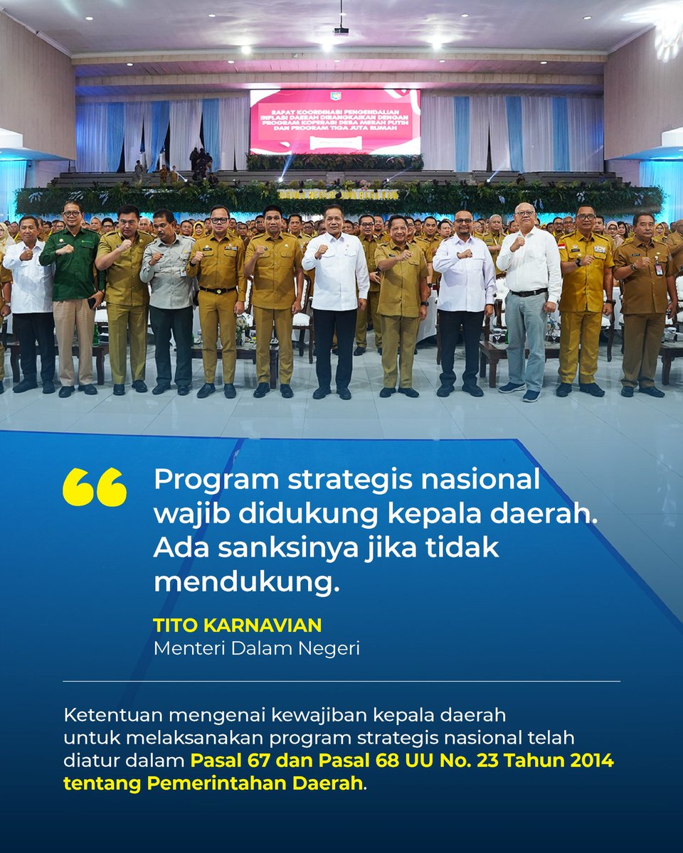 alineadotid's tweet photo. Menteri Dalam Negeri Tito Karnavian menegaskan seluruh kepala daerah wajib mendukung Program Strategis Nasional (PSN) yang dicanangkan pemerintah pusat.
#ProgramStrategisNasional #kemendagri #yukgass https://t.co/XWg1fq2FJO