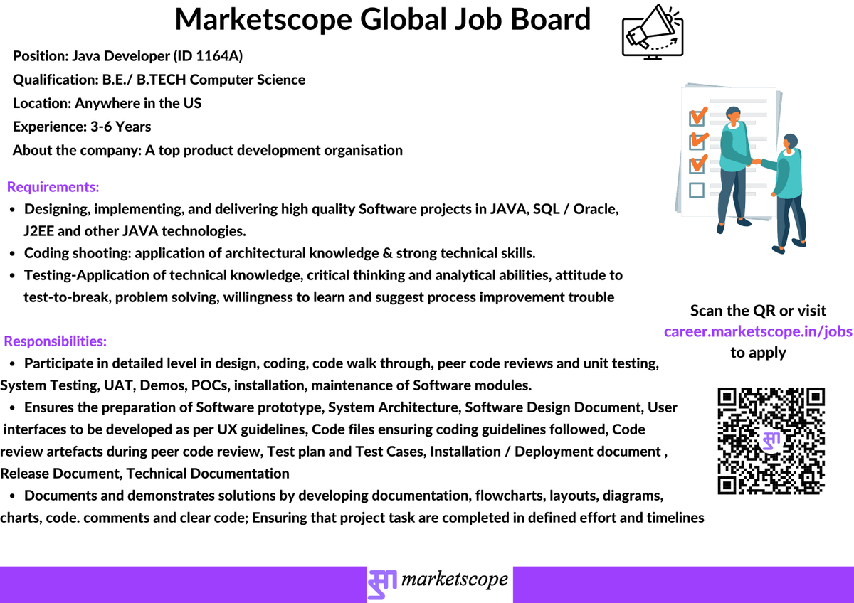 Marketscope_IND's tweet image. Job Alert !!!
We are currently looking for candidates for a JAVA DEVELOPER for a top product development organisation

Experience: 3-6 Years
Location: Remote,any where in US

To apply please visit
career.marketscope.in/jobs
(Please search for ID 1164)

For more such updates, follow…