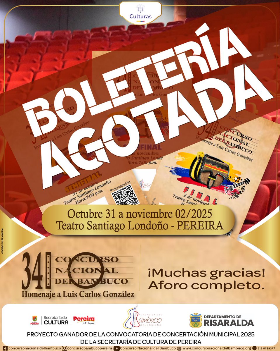 concursobambuco's tweet photo. 🚨Anque las boletas para las galas del 34° Concurso Nacional del Bambuco se agostaron  acompáñanos en el Coloquio (sábado, 10:00  a.m.) y en el Concierto Festival Estudiantil Bambuquero (Domingo, 9:00  a.m.) cuyo ingreso es libre. @mincultura @Alcaldiapereira  @Gob_Risaralda https://t.co/mXbzpuzEoa