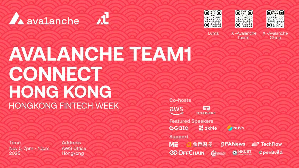 🔺Avalanche Team1 Connect China 香港站将于11月5日香港金融科技周期间与大家见面@AvaxTeam1  🔥本次活动邀请到了来自Ava Labs、Gate、Animoca  Brands旗下的RWA品牌NUVA、zkMe等的数位嘉宾，深度剖析现实世界资产（RWA）数字化浪潮