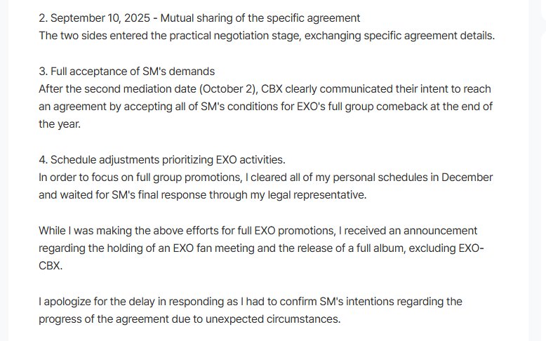 enjieLou's tweet photo. So after the failed mediation, CBX agreed to all of SM's demands and cleared their schedule in December for the group comeback, and then they waited for SM's side to confirm just to hear the fan meeting and comeback news will be without them on the day of it's announcement?? 

CBX compromised but SM was never gonna allow them to join this comeback
🔗https://t.co/RwJDyDiJhR