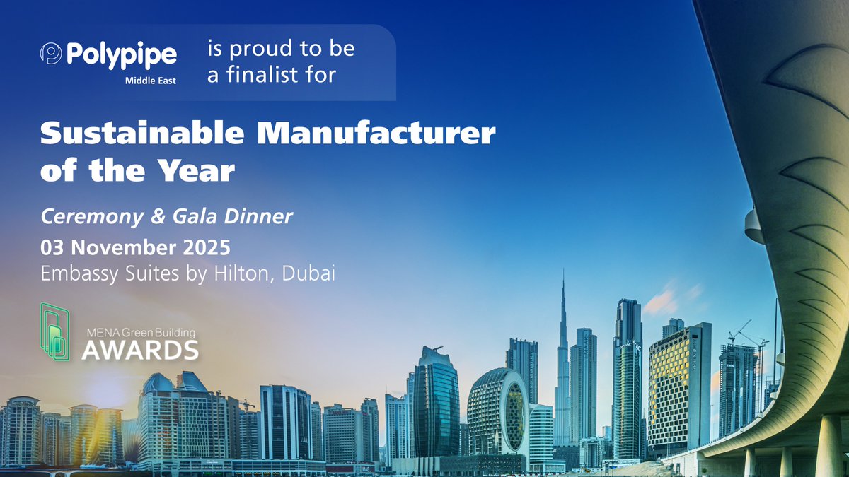 Proud to be shortlisted for Sustainable Manufacturer of the Year at the MENA Green Building Awards 2025! 🌱

Honoured to be recognised for driving smarter water management and sustainable manufacturing across the Middle East. 💧
