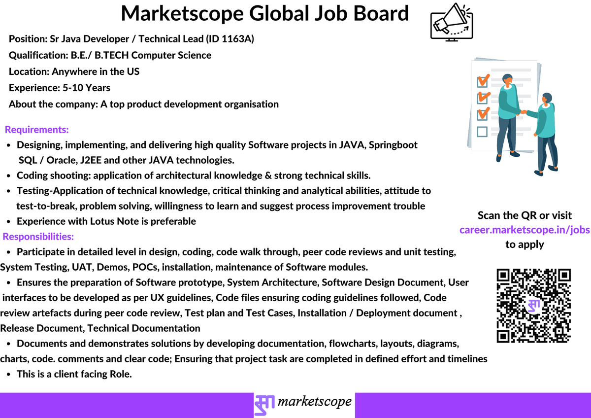 Marketscope_IND's tweet image. Job Alert !!!
We are currently looking for candidates for a SR JAVA DEVELOPER / TECHNICAL LEAD for a top product development organisation

Experience: 5-10 Years
Location: Anywhere in the US

To apply please visit
career.marketscope.in/jobs
(Please search for ID 1163)

For more such…