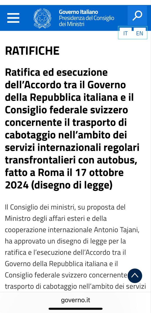 🇮🇹🇨🇭Approvato ieri in CdM il disegno di legge per la ratifica dell’Accordo tra 🇮🇹 &amp;🇨🇭sul trasporto di cabotaggio.

L’intesa rafforza la cooperazione transfrontaliera  tra le aree di confine (Piemonte, Lombardia, Valle d’Aosta, Trentino-Alto Adige e Cantoni limitrofi) 🇨🇭🇮🇹