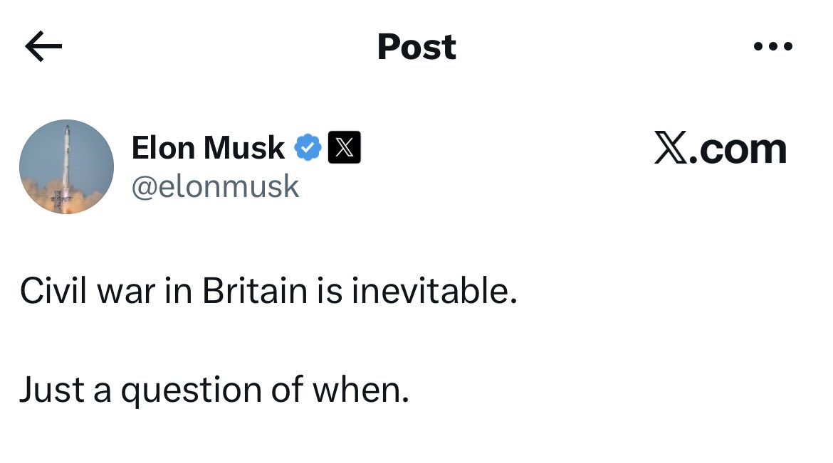 Elon Musk continues to promote civil war and violence in the UK. This is a consistent strand of his UK interventions: saying violence is inevitable and calling at the Tommy Robinson rally for pre-emptive violence to counter a supposed threat from others.