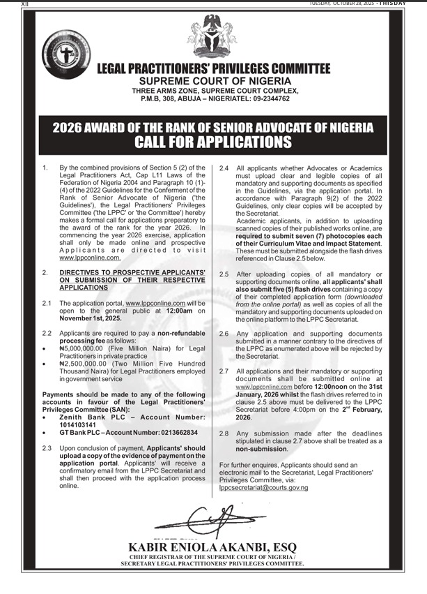 Those who say they cld not read the initial announcement I posted clearly can also read this advertisement yesterday by the Legal Practitioners Privileges Committee.

#SANForSale