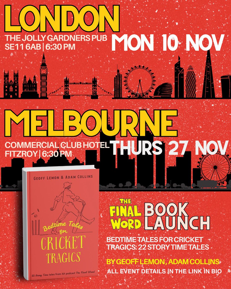 🚨 LONDON + MELBOURNE BOOK LAUNCH!

Join Adam and Geoff as we launch Bedtime Tales for Cricket Tragics with <a href="/norcrosscricket/">daniel norcross</a> and <a href="/WisdenCricket/">Wisden</a>  crew in London (free event, RSVP: matt.thacker@forwardpress.uk), then Melbourne at our old home ground, the Commercial Club Hotel.