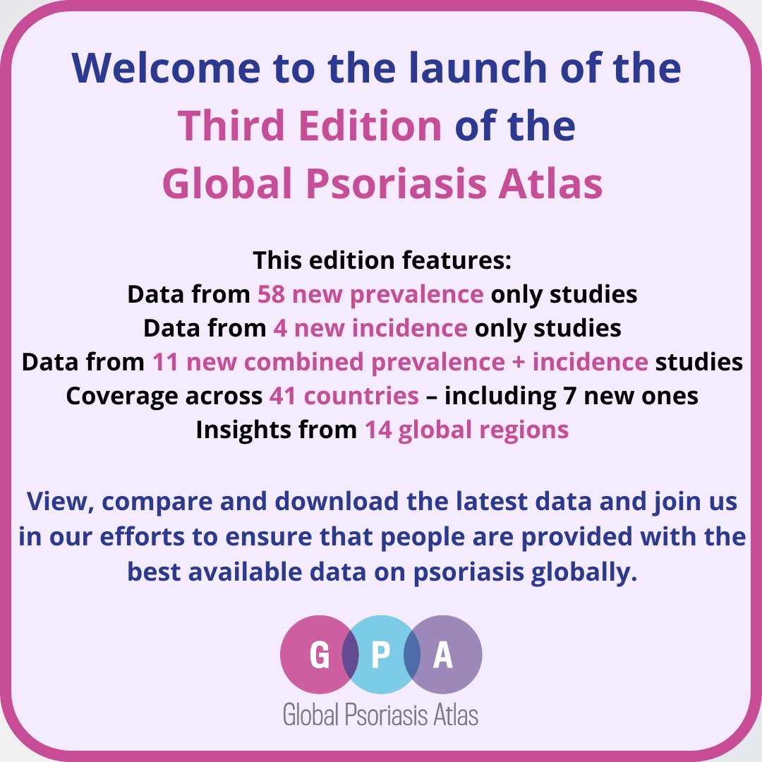 🌎 Today is World Psoriasis Day!

📢 We are excited to launch of the Third Edition of the Global Psoriasis Atlas!

The Third Edition of the Atlas is now live on the GPA website. 
📥 View, compare and download the latest data here: globalpsoriasisatlas.org/en/explore/pre…

#ThirdEditionOfTheGPA