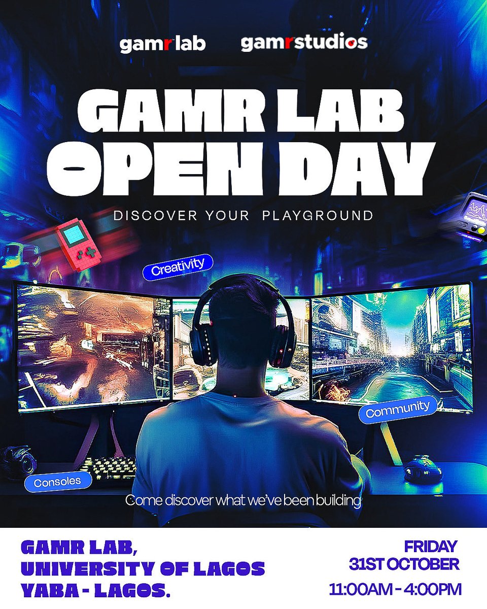 GamrHQ_'s tweet photo. Remember school Open Days?
This time, it’s about consoles, creativity, and community.
The students of Cohort 1 have built some amazing games and we can’t wait to show you!
Pull up!
#openday #gamrlab #gamrstudios #seyivibez #dave #gamedev #nigeriangames #JossGawin #Trump https://t.co/HTVhnu5oZ7