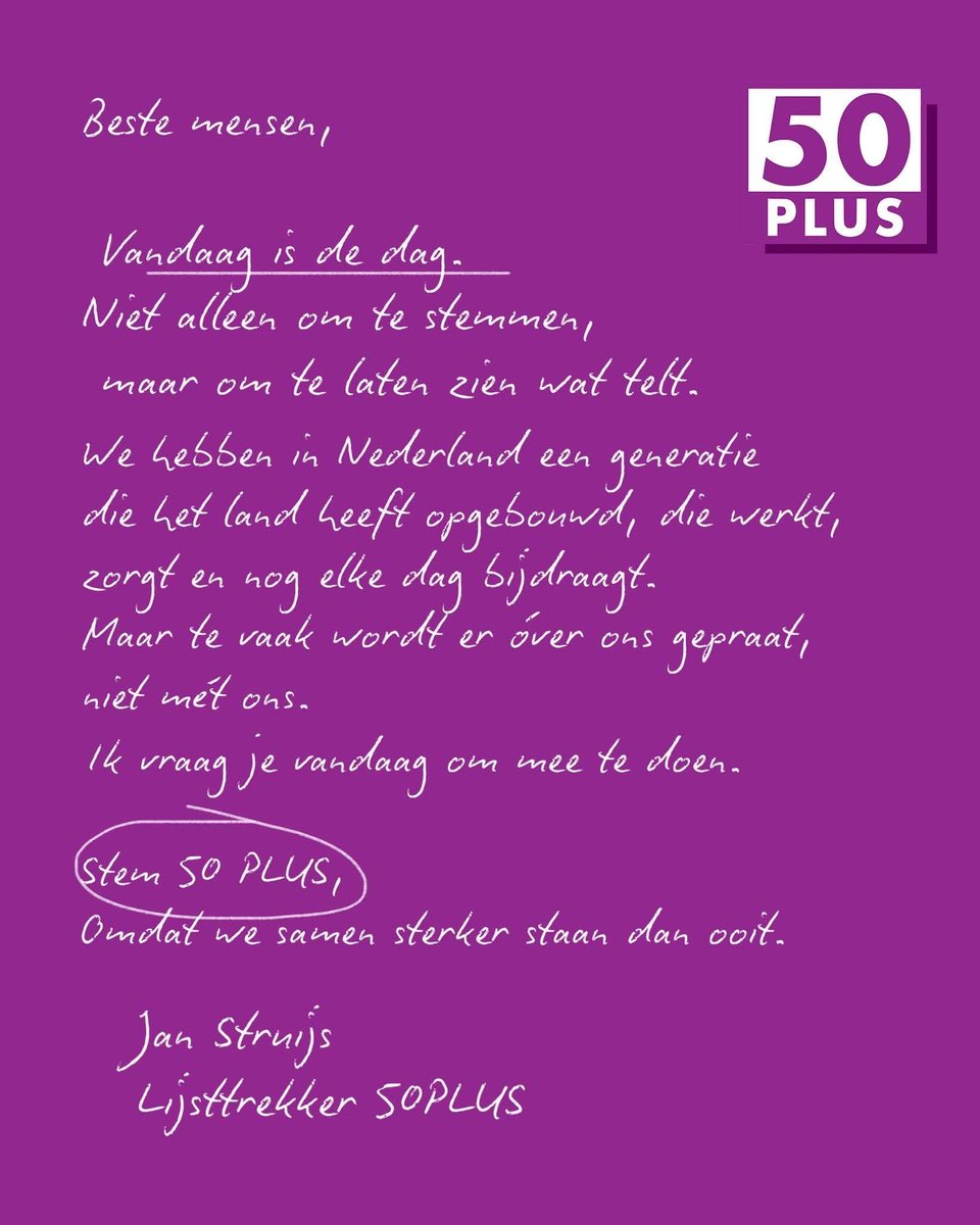 Vandaag gaat het niet alleen om stemmen, maar om gezien worden, gehoord worden en meetellen.

🗳️ Stem 50PLUS.
Samen sterker, samen verder.

#Verkiezingen2025 #NederlandKiest #50PLUS #Lijst20 #TK2025