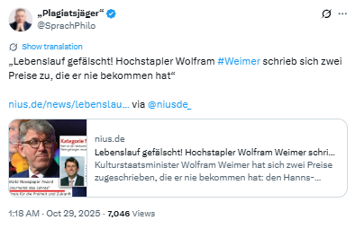 NorFalse's tweet image. Und Stefan Weber hat seinen Post gelöscht.
Der Artikel bei #NIUS über Wolfram #Weimar ist auch verschwunden.
x.com/SprachPhilo/st…