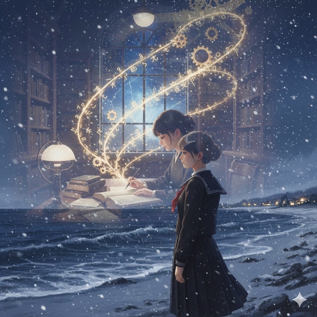 #AIリス企画 
昨日の企画(「速記の日」記念)でしたが気付くのが遅れ日付が変わった深夜に完成したので本日投稿
#AIイラスト 
①まずは最終場面から
「彼女は冬の海辺で何を想ひ浮かべてゐるのでせうか？」
#Gemini の #imagen4 に連作を依頼したら予想外に詩のような物語風になったので、それを下記に