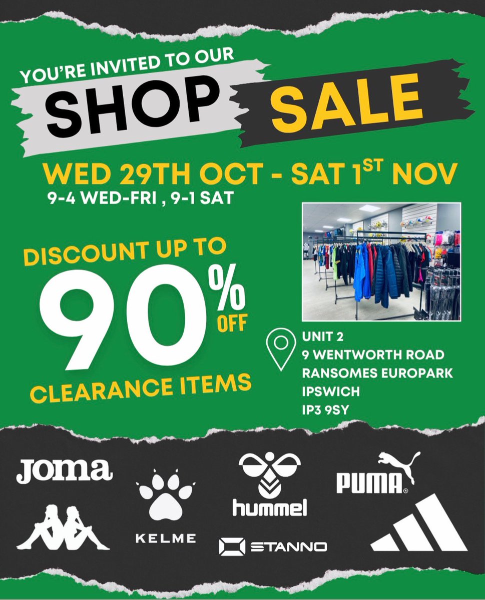Pop in and check out the deals available ! Starting today and finishing Saturday at 1pm. 

All brands available including coats, shirts, training-wear, shorts, socks, footballs, gloves, boots and much more ! 

<a href="/SuffolkFA/">Suffolk Football Association</a> <a href="/SuffolkSchools/">Suffolk Schools</a>