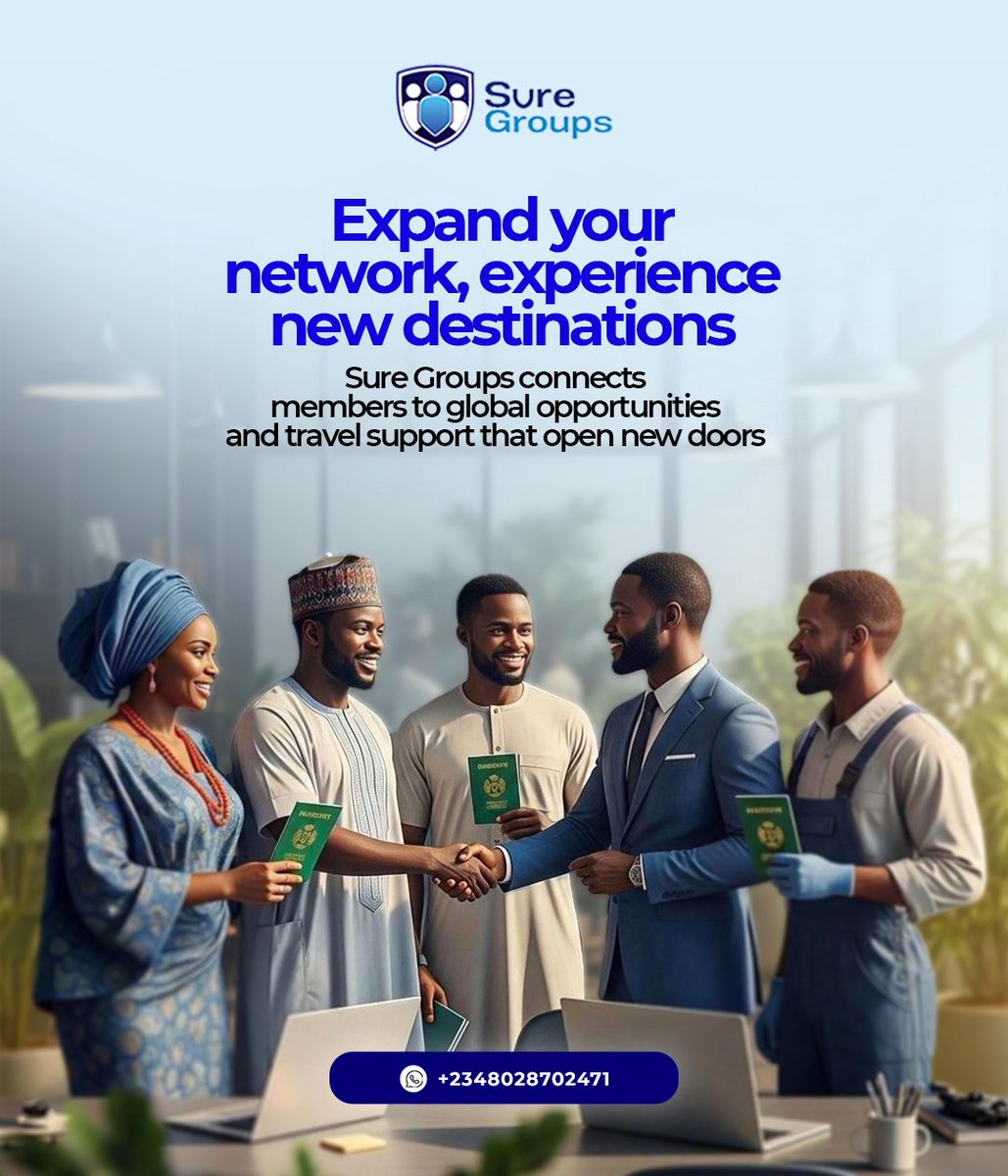 SureGroups_ai's tweet photo. Your network is your next big opportunity.
Grow globally with Sure Groups. 🌍

#suregroups #globalopportunities #travelandconnect #networktogrow #explorewithpurpose #nigeriatotheworld #professionalgrowth #businessnetworking #travelsupport #careerabroad https://t.co/ekxvG6RdYC