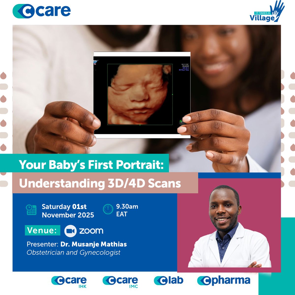C_Care_Uganda's tweet photo. YOUR BABY'S FIRST PORTRAIT!
Join Dr. Musanje, Obstetrician & Gynaecologist at C-Care IHK, as we dive into understanding 3D/4D scans, what they are, and why they matter.
Date: 1st November 2025
Click here to join: https://t.co/lxCiRs4yYK
#CCareUganda #MaternityCare #3D4DScan https://t.co/uv0Gpz6psL