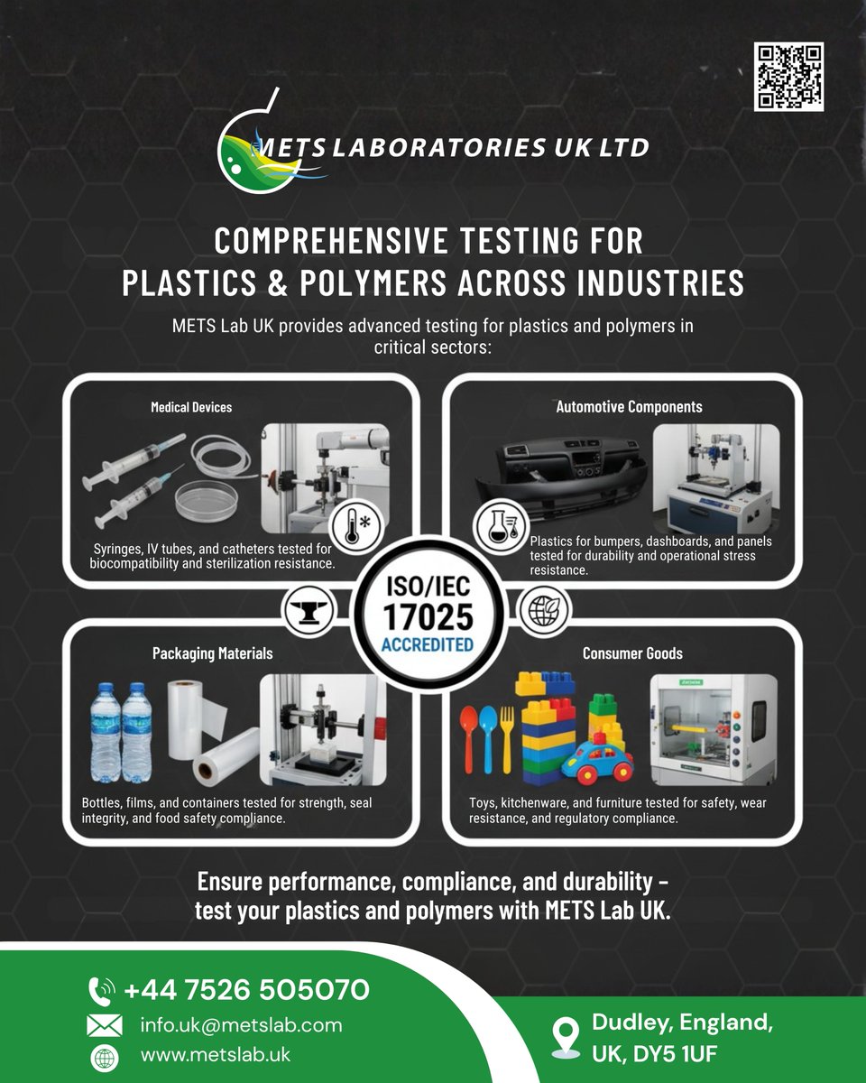 Metslabuk's tweet image. 🔬Trusted Testing for Plastics &amp;amp; Polymers
From medical to automotive &amp;amp; packaging METS Lab UK ensures durability, compliance &amp;amp; quality.
✅ISO/IEC 17025 Accredited
🌐metslab.uk |📧info.uk@metslab.com 
📞+44 7526 505070
#MetsLabUK #PolymerTesting #ISO17025 #QualityTests