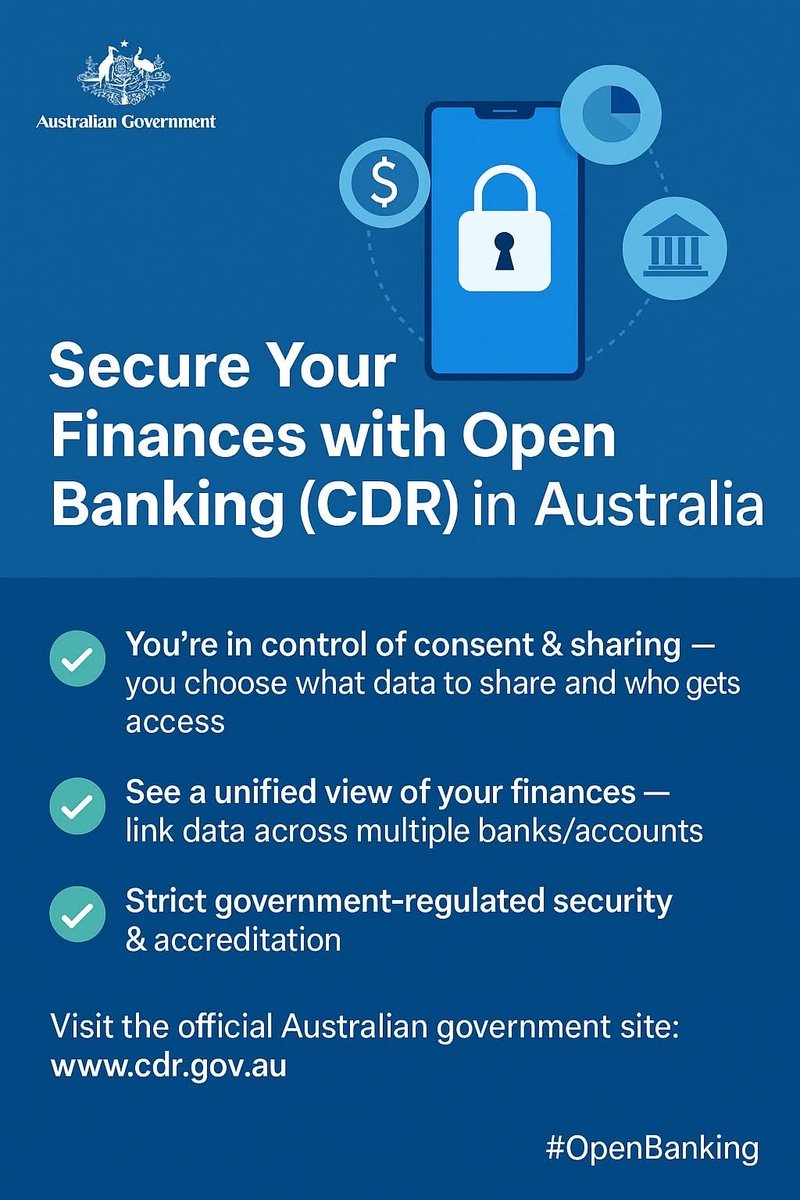 AnthonyDushan's tweet photo. 🔐 Secure Your Finances with Open Banking (CDR) in Australia

Did you know you can safely link all your financial data in one place — thanks to the government-regulated framework of Consumer Data Right (CDR) and Australian Competition & Consumer Commission (ACCC)-accredited data sharing?

Here are the top 3 features you’ll love:

1.✅ You’re in control of consent & sharing — you choose what data (account balances, transactions, loans, etc.) to share, who gets access, and for how long. 
2.🔗 See a unified view of your finances — link data across multiple banks/accounts so you can track everything in one place (savings, credit cards, mortgages) to make smarter decisions. 
3.🔒 Strict government-regulated security & accreditation — only organisations accredited by the ACCC/Office of the Australian Information Commissioner (OAIC) can access your data via secure APIs; you can revoke sharing anytime. 

👉 Want to learn more? Visit the official Australian government site: https://t.co/hxz7CT4Zj0
Also refer to the below related sites with other banks and lenders:
https://t.co/ZDUVEM2Fsc

https://t.co/G552cYRrPT

#OpenBanking #CDR #FinanceInControl #Australia