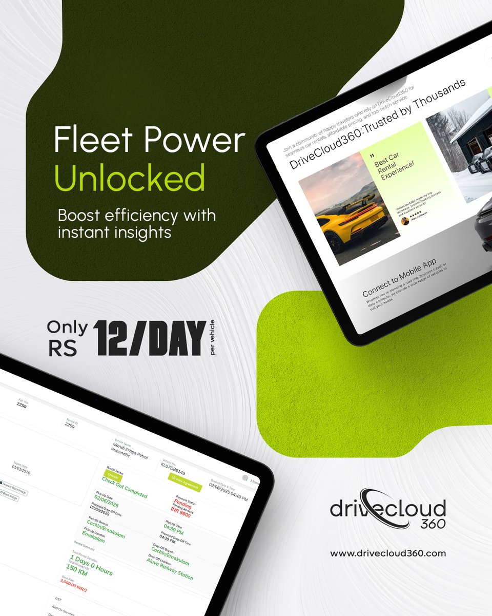 drivecloud360's tweet image. Fleet Power Unlocked with DriveCloud360
Boost efficiency and track every vehicle in real-time — all at just ₹12/day per vehicle.
Optimize your fleet today → drivecloud360.com
#FleetManagementSoftware #CarRentalManagementSystem  #DriveCloud360 #saihasoft