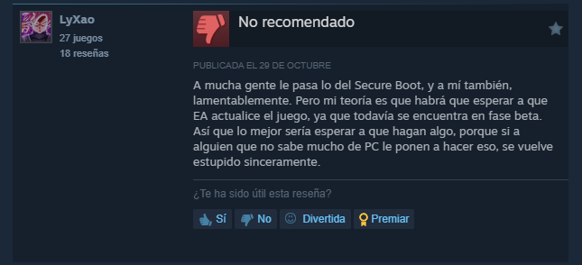 TaisonTV's tweet photo. Reseñas Negativas de Battlefield 6 RedSec en Steam:

"el Secure boot" o Arranque seguro 🤣🤣🤣 es así desde la beta.

Si no lo poneis no podeis jugar es una medida antitrampas. https://t.co/oU3nl0iJio