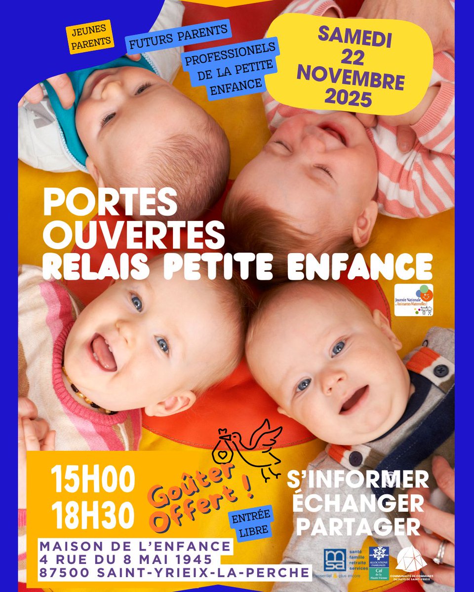 "Grandir ensemble, c’est aussi partager le quotidien des professionnels de l’enfance : venez échanger avec nos ass'mats  "
📢 Portes Ouvertes Relais Petite Enfance
📅 Samedi 22 novembre 2025
🕒 15h00 - 18h30
📍 Maison de l’Enfance, 4 rue du 8 Mai 1945, Saint-Yrieix-la-Perche