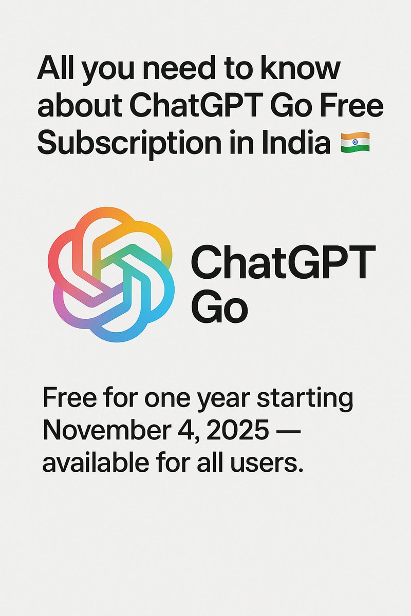 _technicalahmad's tweet photo. 🎉 FREE FREE FREE!!! 🎉

🔥 ChatGPT Go is now FREE for 1 YEAR for everyone in India 🇮🇳💥

✅ Just sign up starting 4th November
✅ Even existing users get 12 months FREE!

🚀 Don’t miss this golden offer — AI for everyone, absolutely FREE! 🤖✨ https://t.co/tUwY6OwEjv