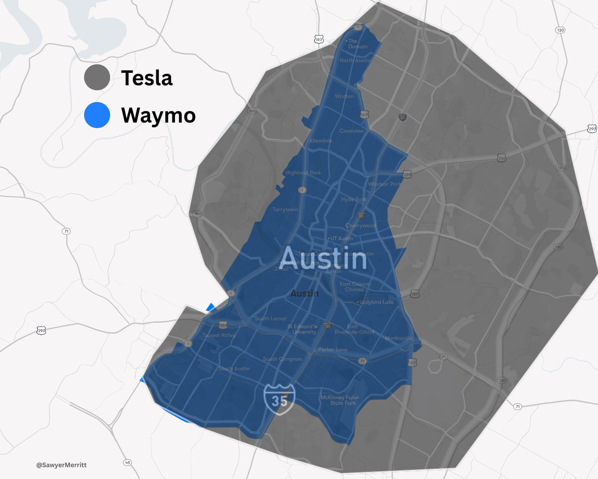 "Son lo mismo" años para Waymo, unos pocos meses para Tesla tener el triple de km² de Robotaxi. Años con conductor los Waymo... En unos meses sin conductor Tesla. Si, iguales