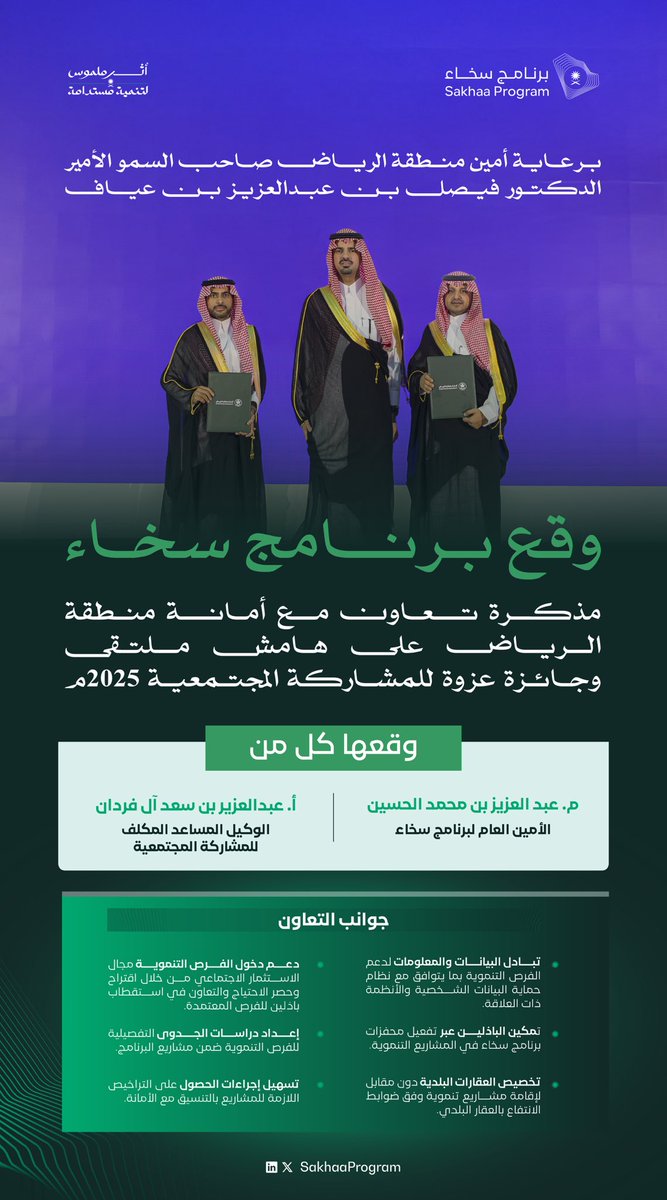 برؤية تنموية مشتركة..
يوقّع #برنامج_سخاء و #أمانة_منطقة_الرياض مذكرة تعاون ضمن #ملتقى_عزوة للمشاركة المجتمعية.

#أثر_ملموس_لتنمية_مستدامة