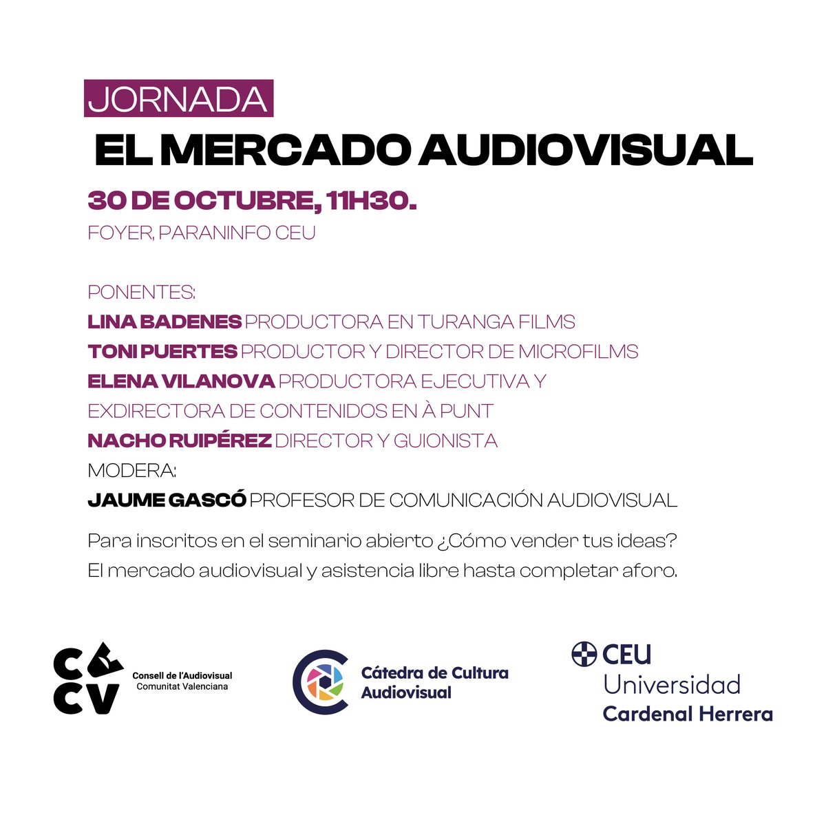 CAudiovisualCV's tweet photo. 🎬 Hui al @uchceu: jornada “El mercat audiovisual” dins de #MoneyMoneyMovie, organitzada per la Catedra de Cultura Audiovisual del #CACV
Amb professionals com Lina Badenes, Toni Puertes, Elena Vilanova i Nacho Ruipérez.
🕦 11.30 h | Foyer del Paranimf del CEU https://t.co/0Gfs0A7KqL