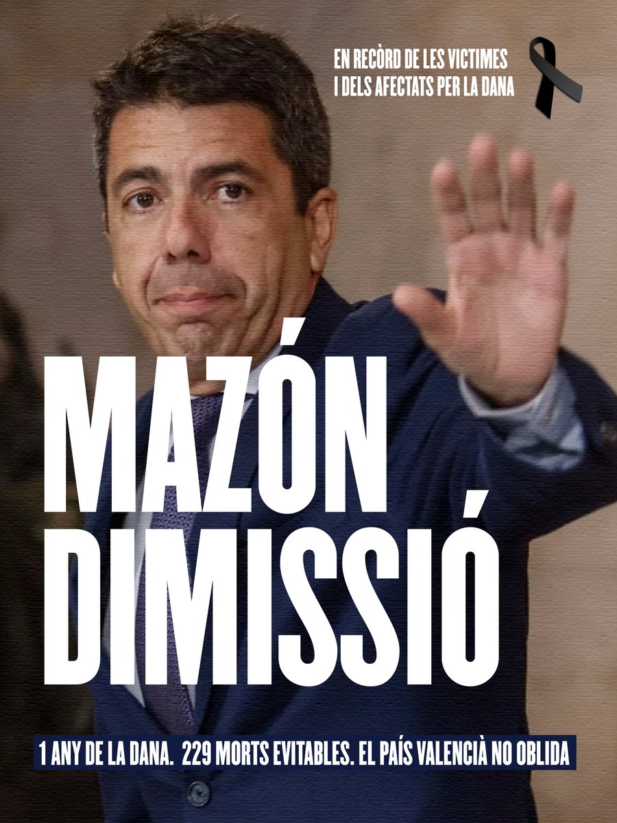 Avui fa un any de la DANA que va devastar el País Valencià. 229 morts que es podrien haver evitat.

Recordem les víctimes i denunciem la irresponsabilitat d’un govern que va mirar cap a una altra banda mentre el desastre s’acostava.

Per respecte i per responsabilitat: Mazón,