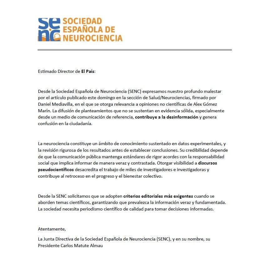 <a href="/elpais_espana/">EL PAÍS España</a> <a href="/el_pais/">EL PAÍS</a> <a href="/StopPseudo/">Stop Pseudociencias</a> <a href="/escepticos/">arp-sapc</a> 📰 
La Sociedad Española de Neurociencia ha enviado una carta a El País expresando su malestar por la publicación el domingo de un artículo en la sección de Salud/Neurociencias que otorga relevancia a opiniones sin base científica