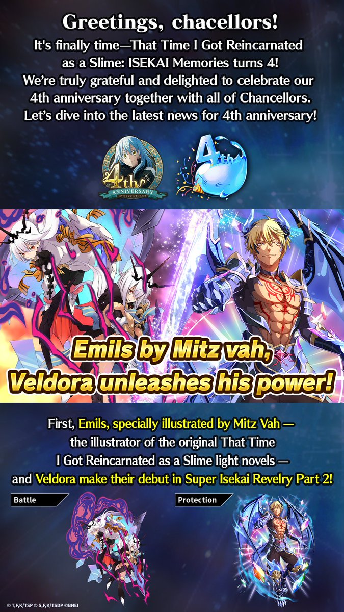 SlimeIM_en's tweet image. 🎉4th Anniversary PD Letter is here!

Get the scoop on exciting 4th Anniversary event.

Tap the image for more info!

#ISEKAIMemories #SlimeIM #tensura