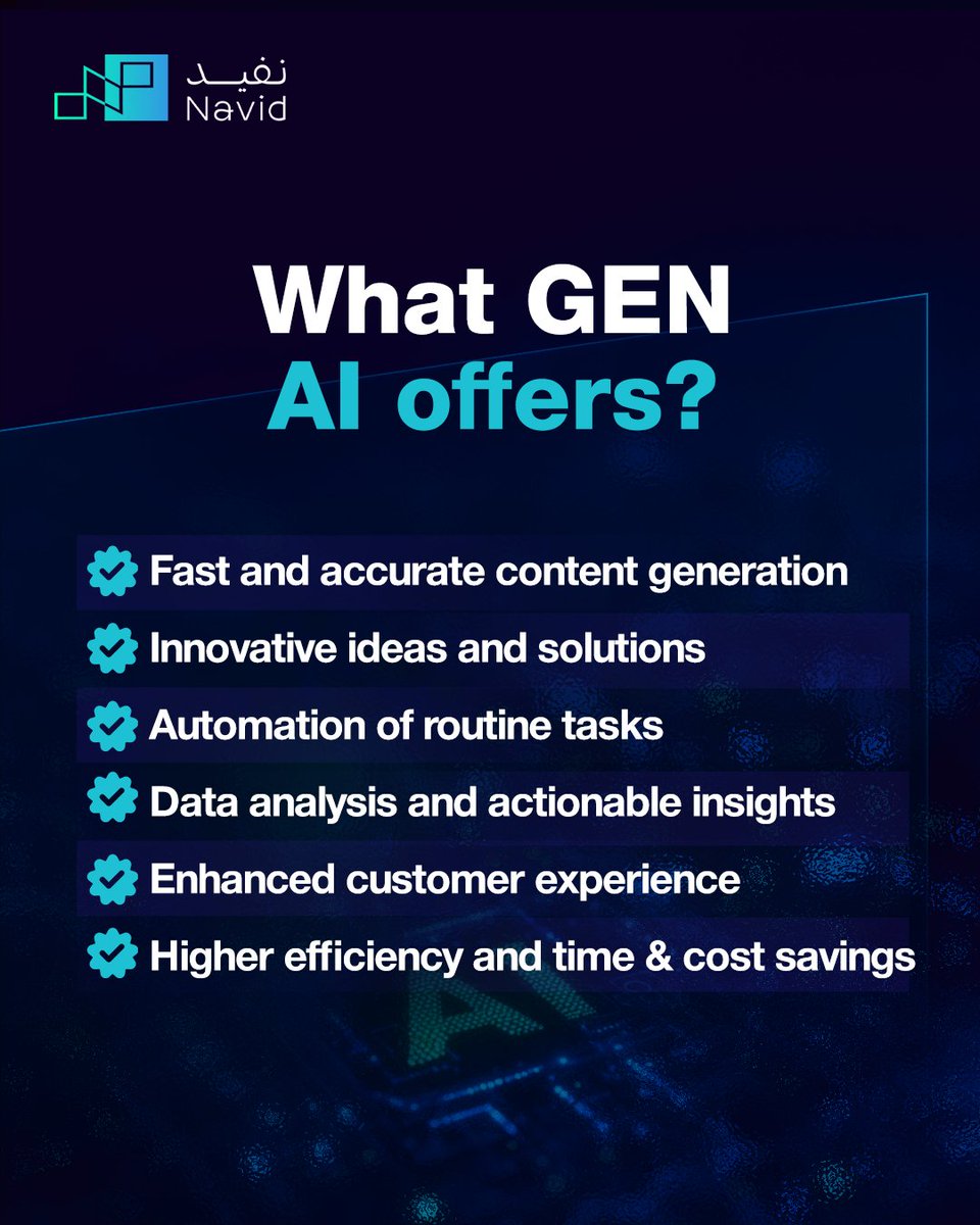 Navid_co's tweet image. Through #Generative_AI, companies can turn ideas into smart, tangible solutions, quickly, accurately, and efficiently.