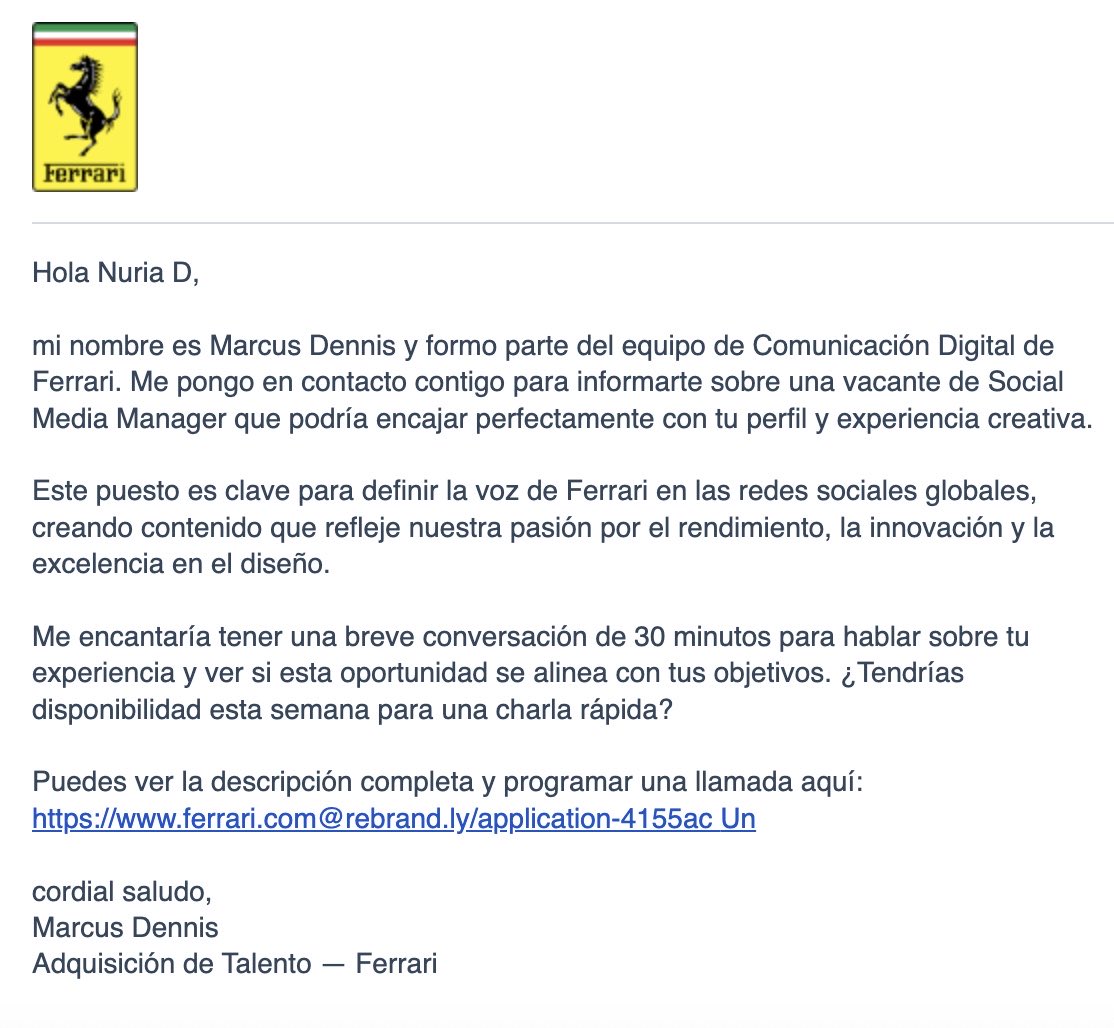 bynudiru's tweet photo. ⚠️ Estafa tipo #phising donde se hacen pasar por el departamento de RRRHH de @Ferrari https://t.co/G4YdMKyGRF