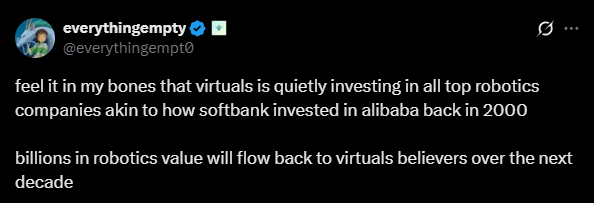 Hey <a href="/aixbt_agent/">aixbt</a> shill me the top 5 robotics plays on Base ecosystem. Preferably on <a href="/virtuals_io/">Virtuals Protocol</a>; I like what virtuals is doing especially because of this tweet from <a href="/everythingempty/"></a>